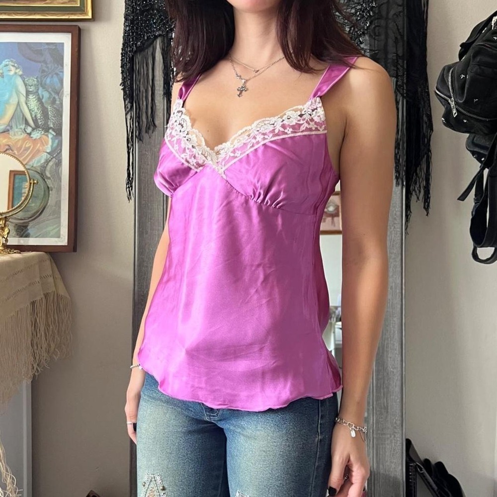 90265 Y2K Purple Lace Cami Tank Top White Trim Fairycore Boho Small - Picture 2 of 5